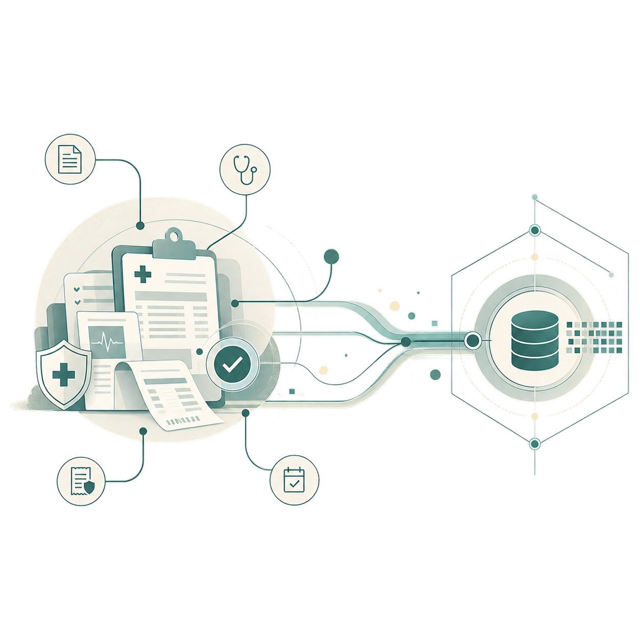 Clinical records and healthcare documentation connected to a structured data system