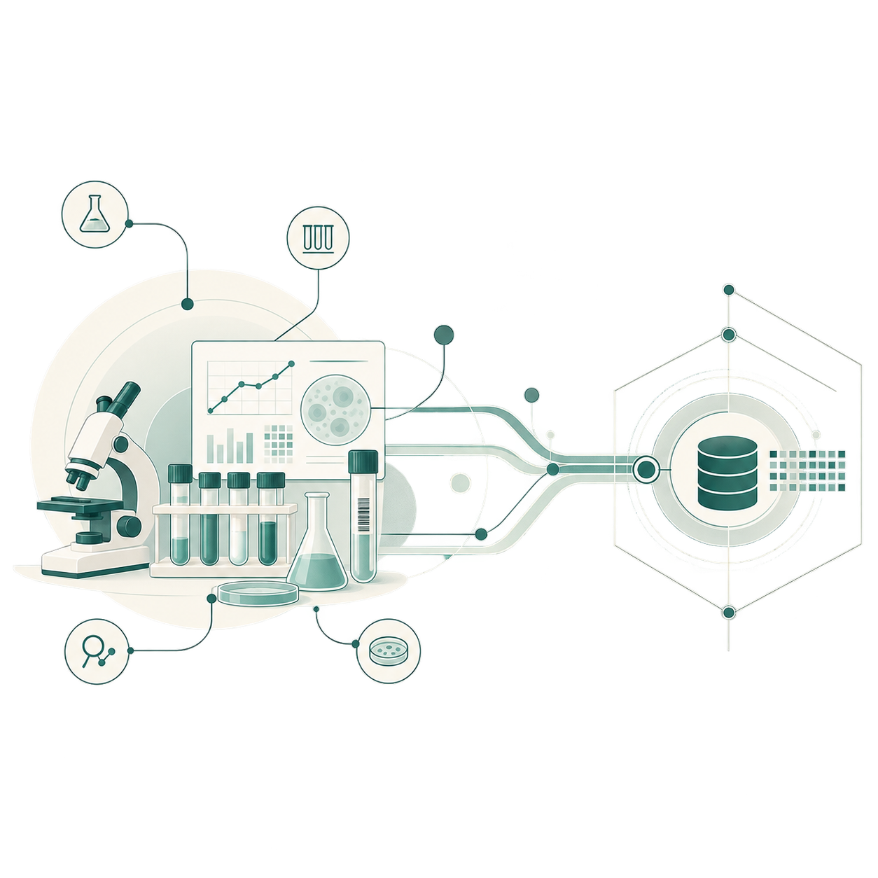 Laboratory instruments, samples, and results connected to a structured data system