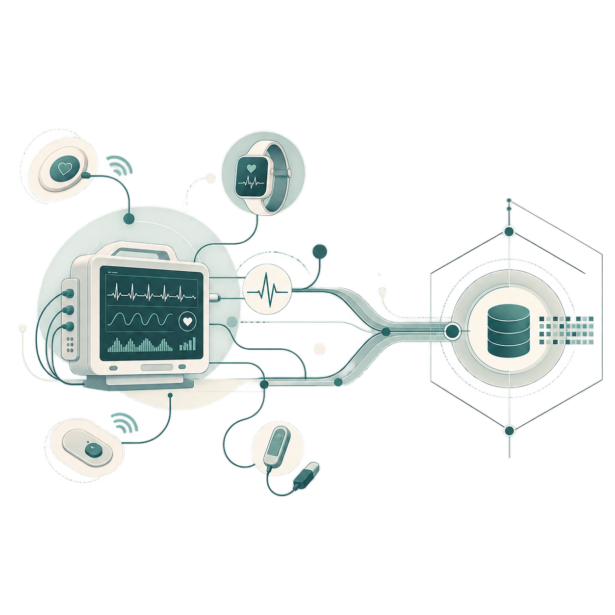 Clinical monitors, wearable devices, and sensors connected to a structured data system